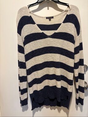 Skies Are Blue Navy and Cream Striped V-Neck Sweater